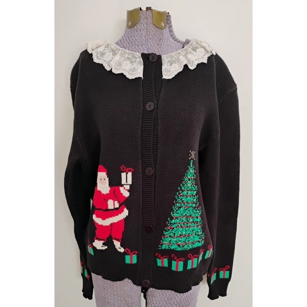 Vtg Christmas Cardigan Sweater Women's Lace Collar Cottagecore USA L Holiday